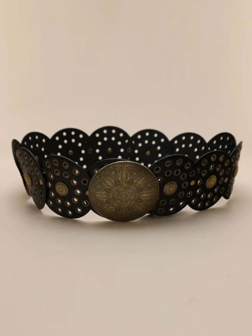 Black Casual Women's Boho Western Style Hollow Out Metal Round Buckle Belt